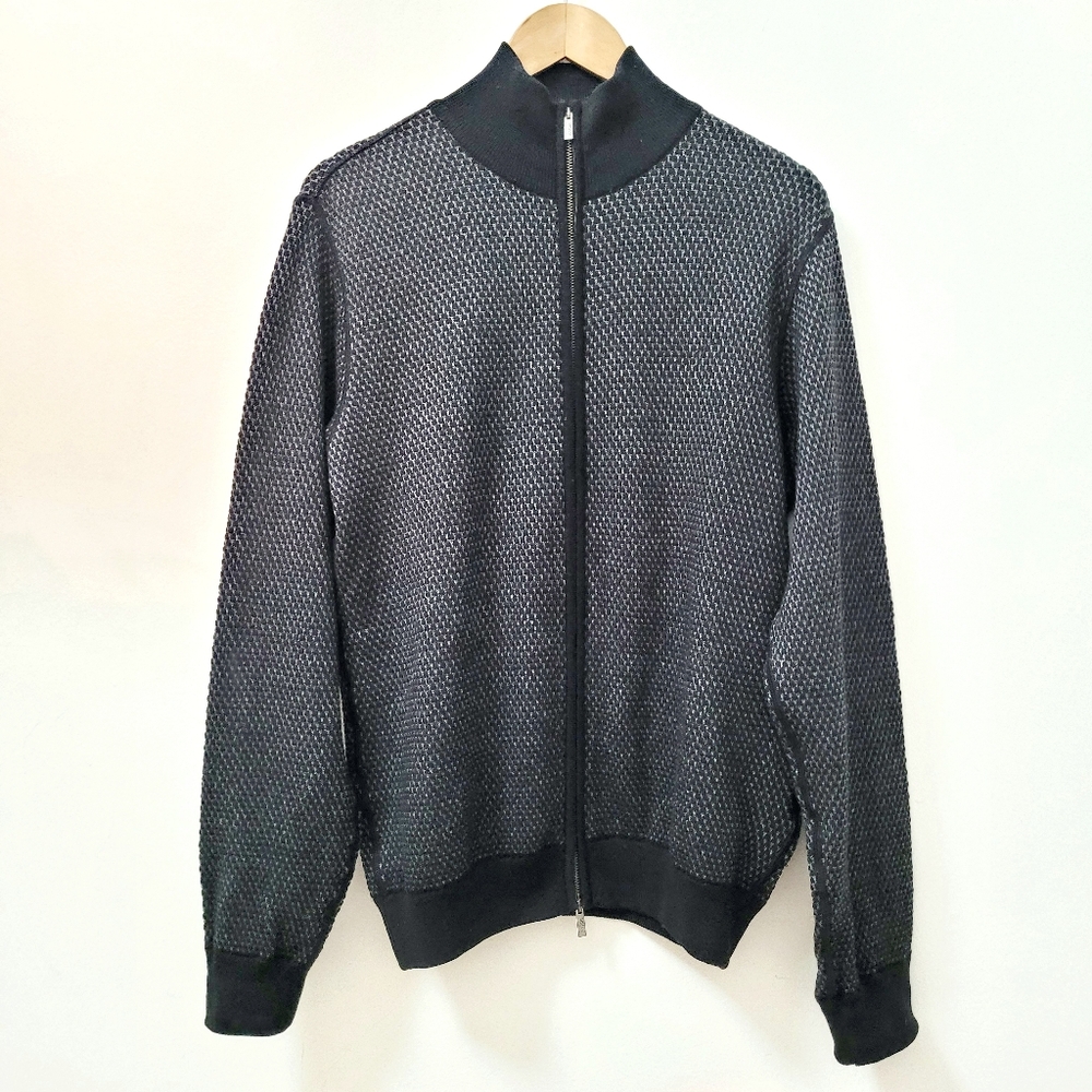 ARMANI COLLEZIONI Birdseye Men's Zip Up Wool Cardigan Black Gray Sweater Medium